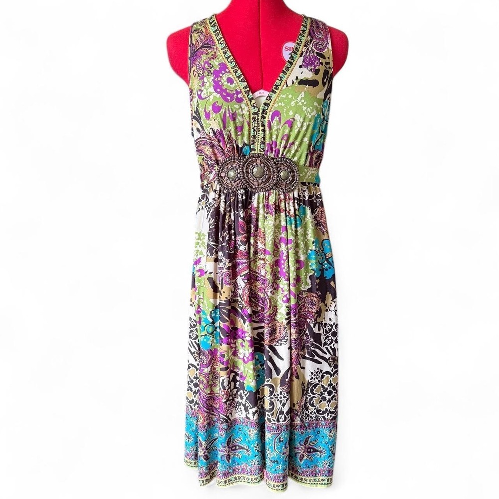 Ice Vintage Y2K Floral Paisley Midi Dress Beaded Medallion Boho Green Multi